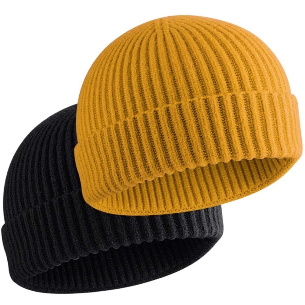 Black/Yellow Wool Cuffed Short Knit Beanie (2Pack)